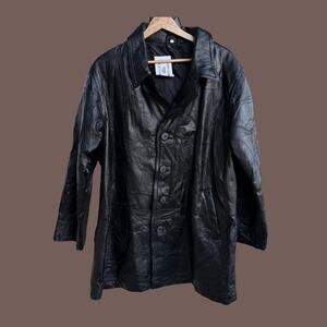 Leather Jacket | Black Genuine Leather Button Front | Size L | Vintage